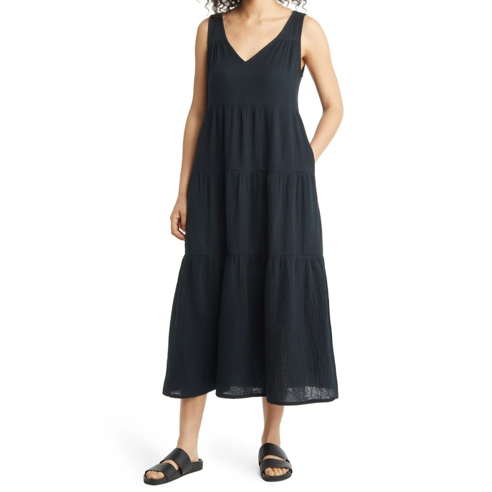 Marine‎ Layer Corinne Cotton Gauze Maxi Dress Women XL EUC V-neck Pockets Black